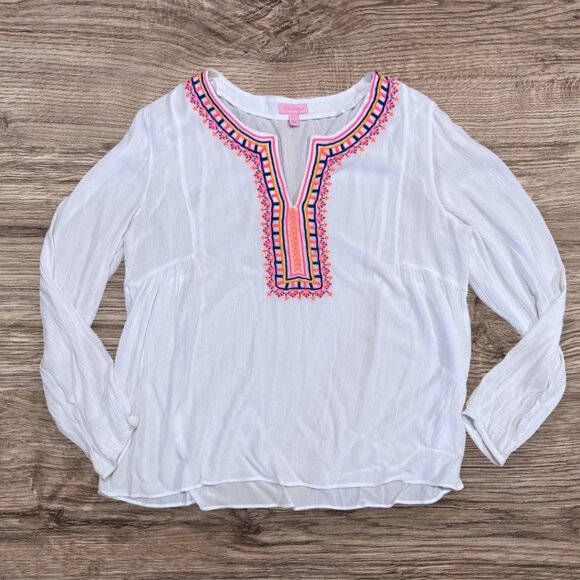 LILLY PULITZER White Dahle Boho Embroidered Pink Orange Blue Blouse Top Tunic L - Picture 1 of 6